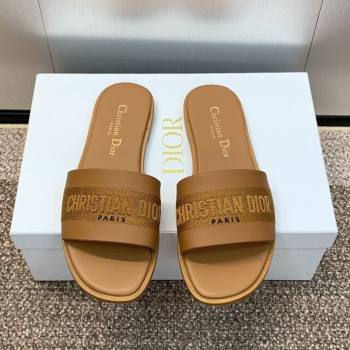 Dior Dway Flat Slides Sandal in Calfskin and Embroidered Cotton Brown 2025 S03W (MD-250425114)