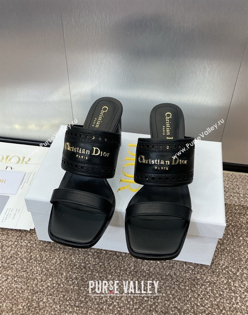 Dior D-Lane Heeled Slides Sandal 7.5cm in Calfskin with Openwork Microcannage Motif Black 2025 (MD-250425025)