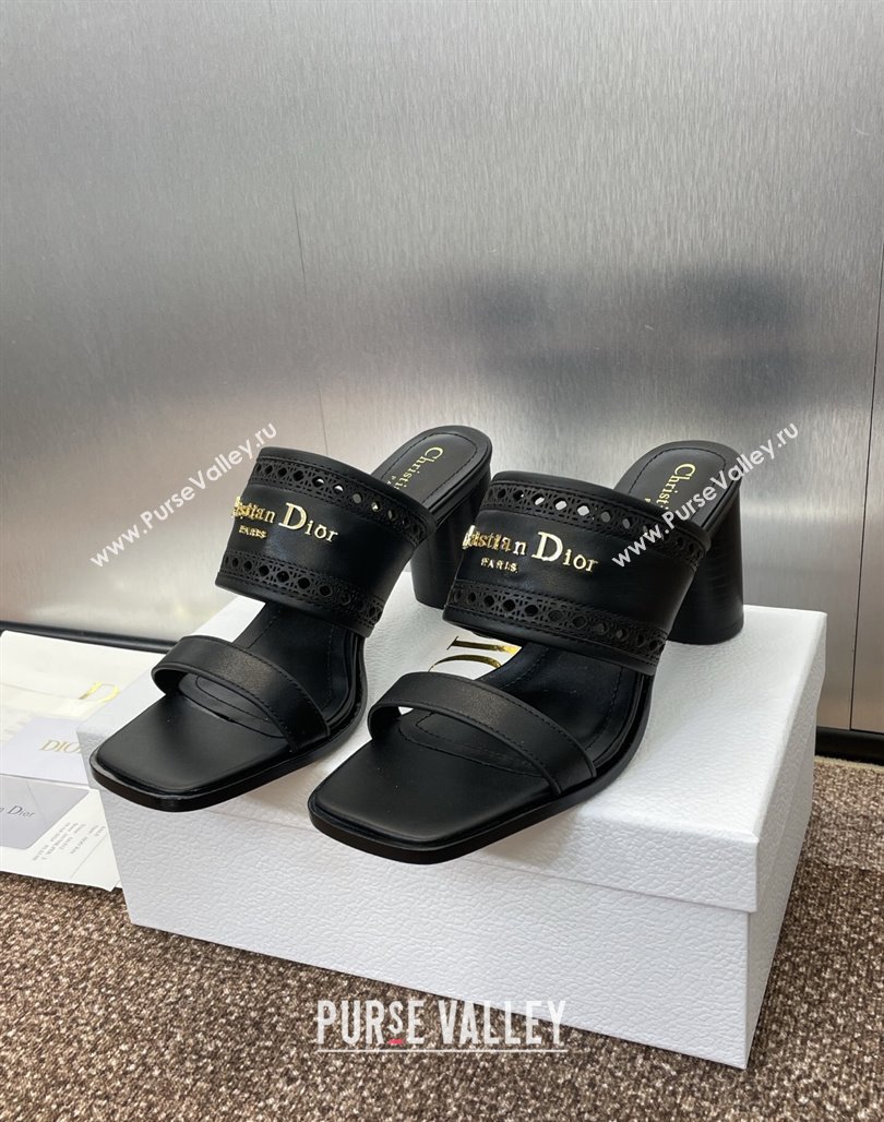 Dior D-Lane Heeled Slides Sandal 7.5cm in Calfskin with Openwork Microcannage Motif Black 2025 (MD-250425025)