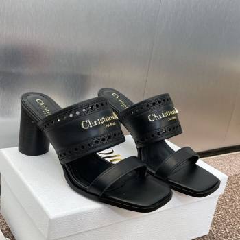 Dior D-Lane Heeled Slides Sandal 7.5cm in Calfskin with Openwork Microcannage Motif Black 2025 (MD-250425025)