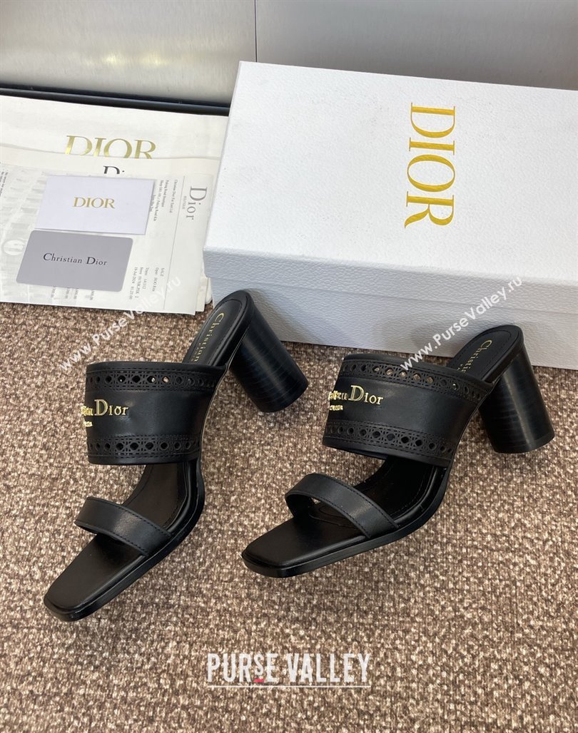 Dior D-Lane Heeled Slides Sandal 7.5cm in Calfskin with Openwork Microcannage Motif Black 2025 (MD-250425025)