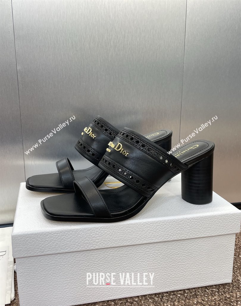 Dior D-Lane Heeled Slides Sandal 7.5cm in Calfskin with Openwork Microcannage Motif Black 2025 (MD-250425025)