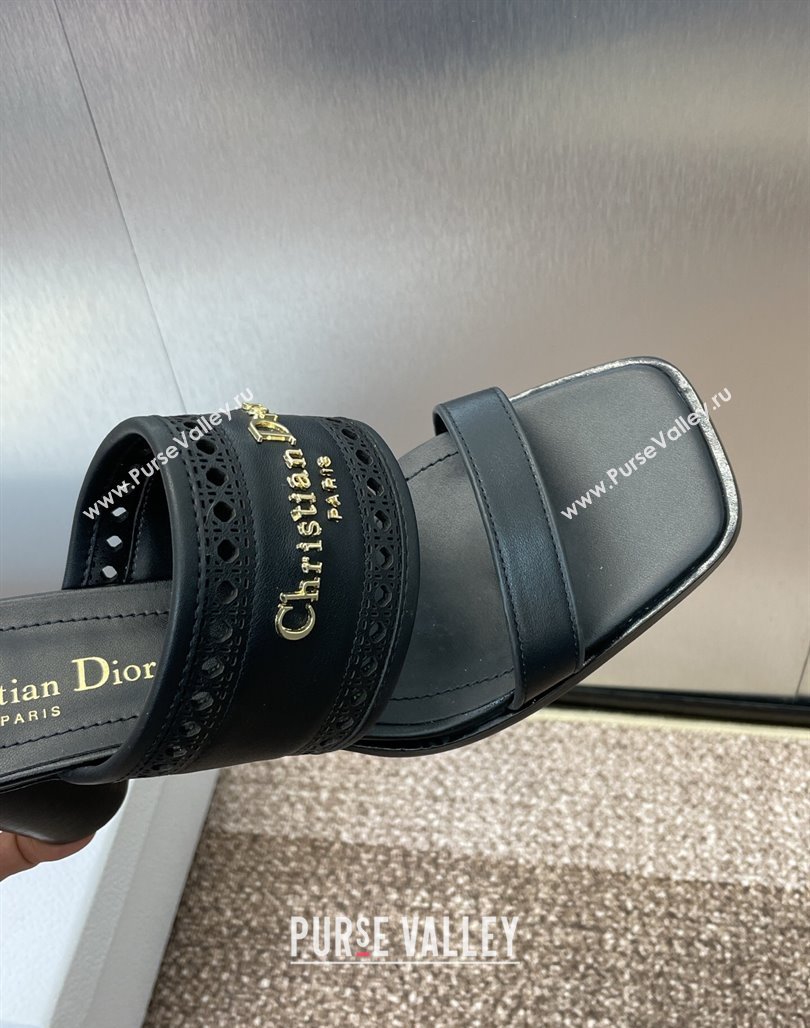 Dior D-Lane Heeled Slides Sandal 7.5cm in Calfskin with Openwork Microcannage Motif Black 2025 (MD-250425025)