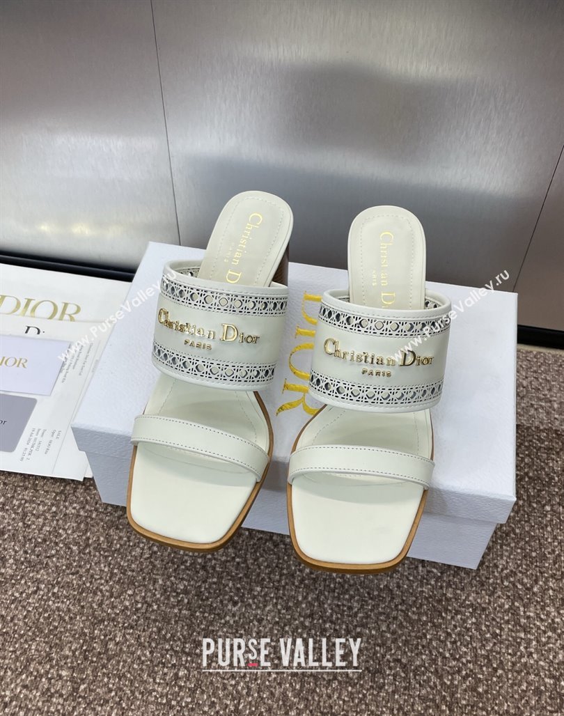 Dior D-Lane Heeled Slides Sandal 7.5cm in Calfskin with Openwork Microcannage Motif White 2025 (MD-250425026)