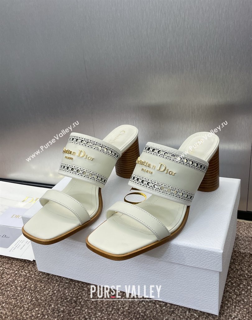 Dior D-Lane Heeled Slides Sandal 7.5cm in Calfskin with Openwork Microcannage Motif White 2025 (MD-250425026)