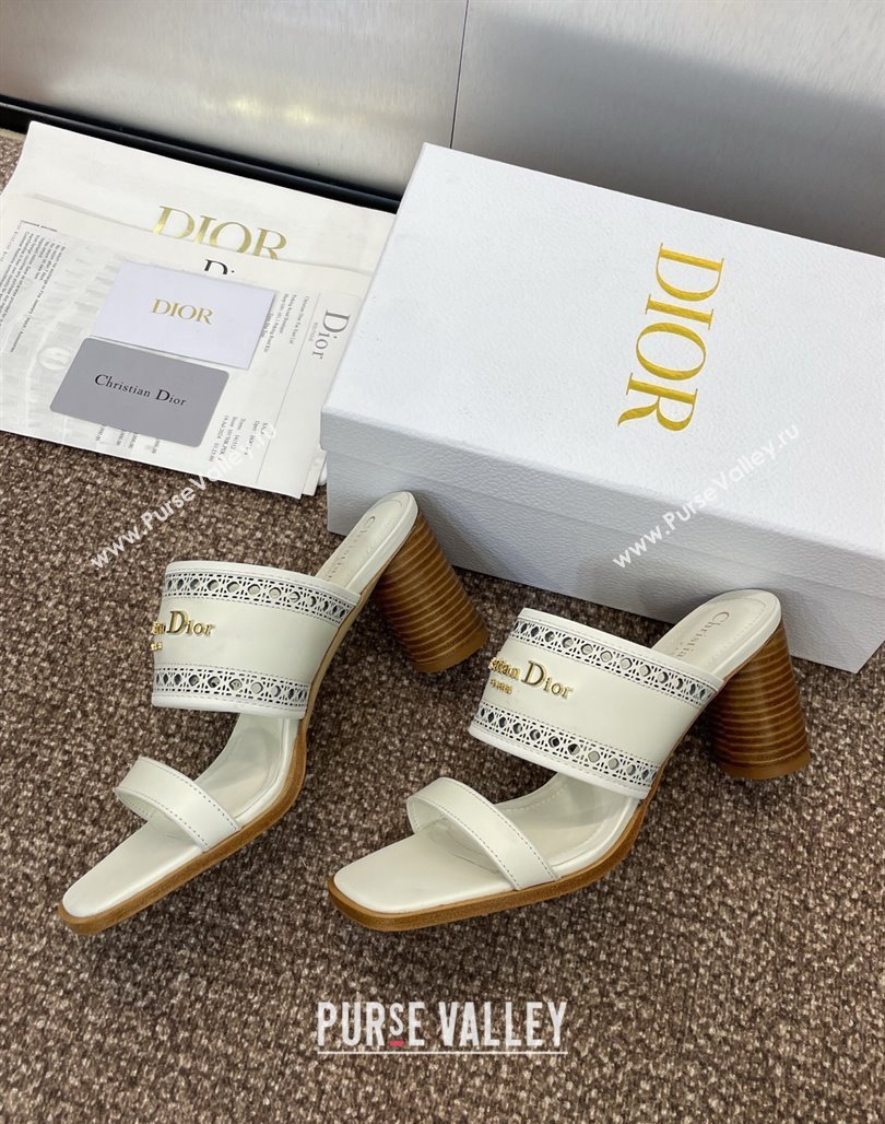 Dior D-Lane Heeled Slides Sandal 7.5cm in Calfskin with Openwork Microcannage Motif White 2025 (MD-250425026)