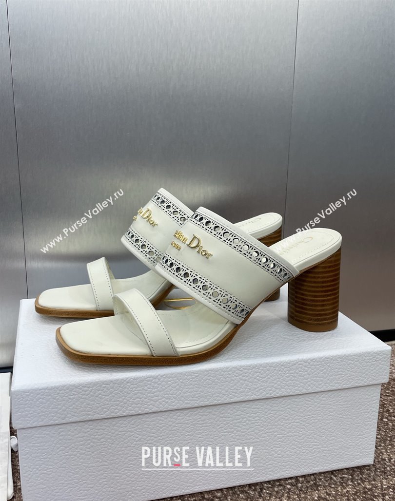 Dior D-Lane Heeled Slides Sandal 7.5cm in Calfskin with Openwork Microcannage Motif White 2025 (MD-250425026)