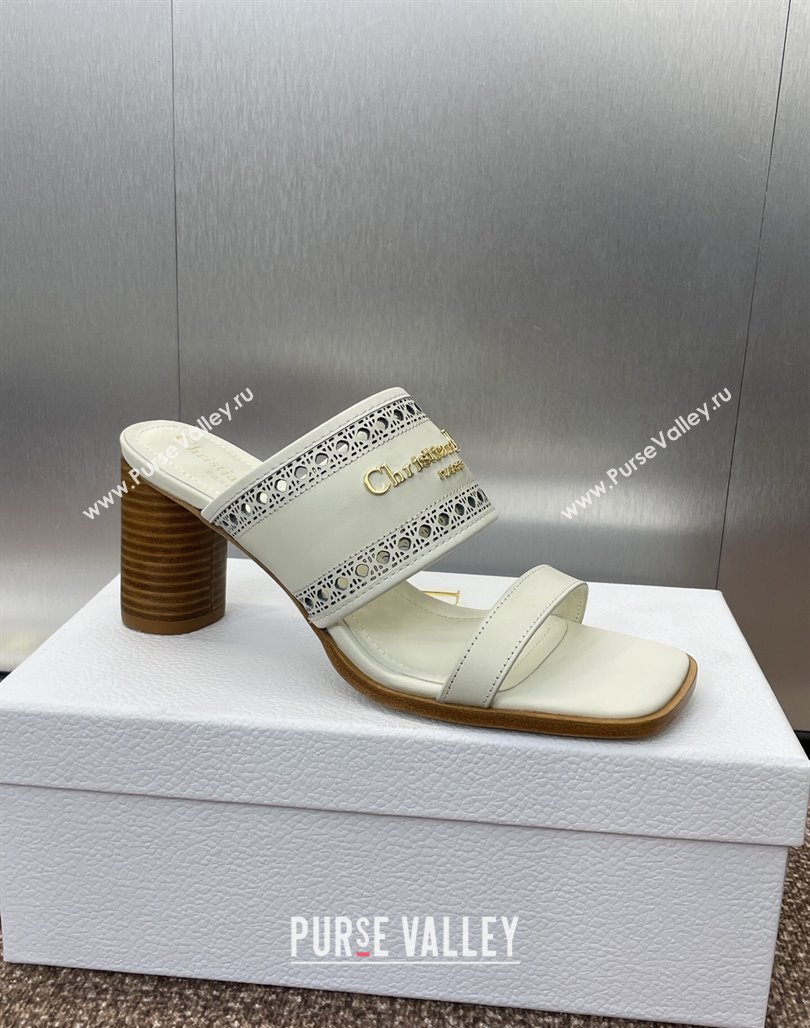 Dior D-Lane Heeled Slides Sandal 7.5cm in Calfskin with Openwork Microcannage Motif White 2025 (MD-250425026)