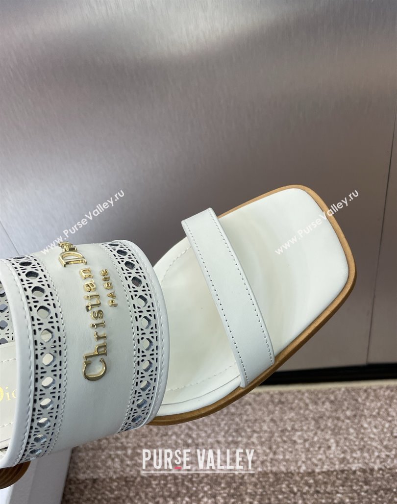Dior D-Lane Heeled Slides Sandal 7.5cm in Calfskin with Openwork Microcannage Motif White 2025 (MD-250425026)