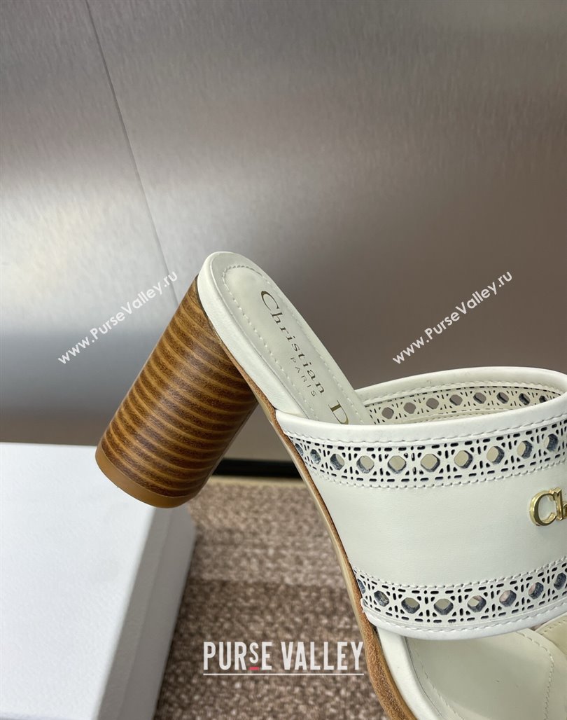 Dior D-Lane Heeled Slides Sandal 7.5cm in Calfskin with Openwork Microcannage Motif White 2025 (MD-250425026)
