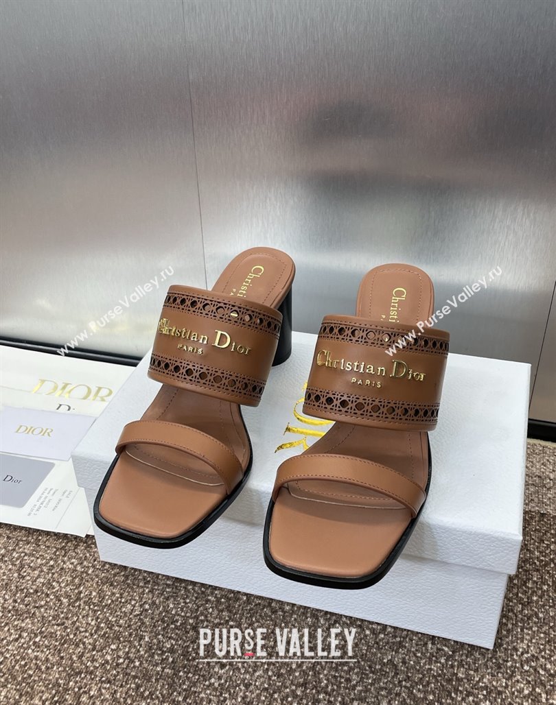 Dior D-Lane Heeled Slides Sandal 7.5cm in Calfskin with Openwork Microcannage Motif Brown 2025 (MD-250425027)