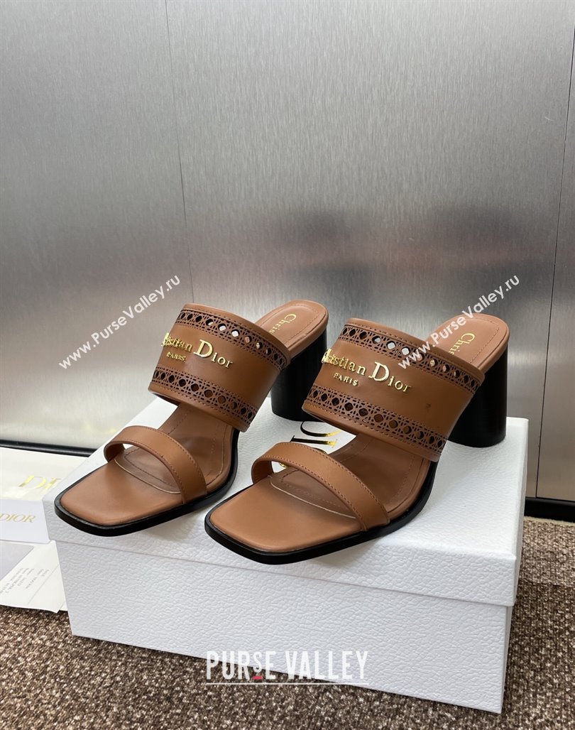 Dior D-Lane Heeled Slides Sandal 7.5cm in Calfskin with Openwork Microcannage Motif Brown 2025 (MD-250425027)