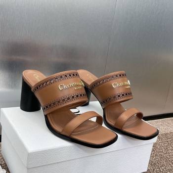 Dior D-Lane Heeled Slides Sandal 7.5cm in Calfskin with Openwork Microcannage Motif Brown 2025 (MD-250425027)