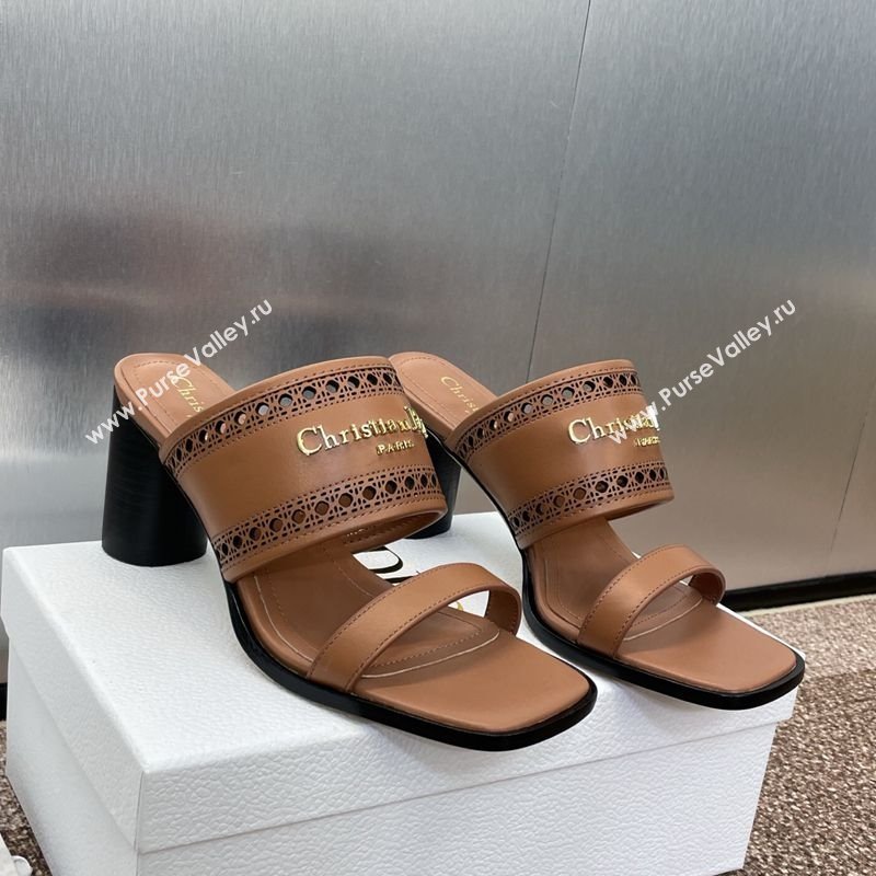 Dior D-Lane Heeled Slides Sandal 7.5cm in Calfskin with Openwork Microcannage Motif Brown 2025 (MD-250425027)