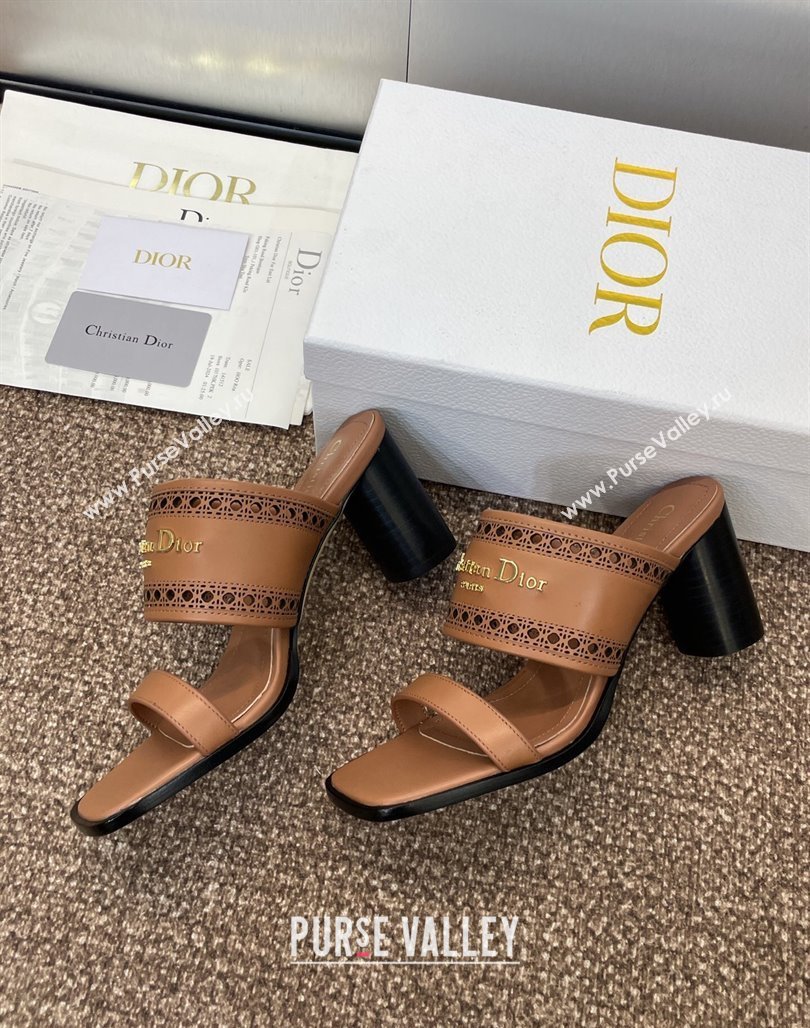 Dior D-Lane Heeled Slides Sandal 7.5cm in Calfskin with Openwork Microcannage Motif Brown 2025 (MD-250425027)
