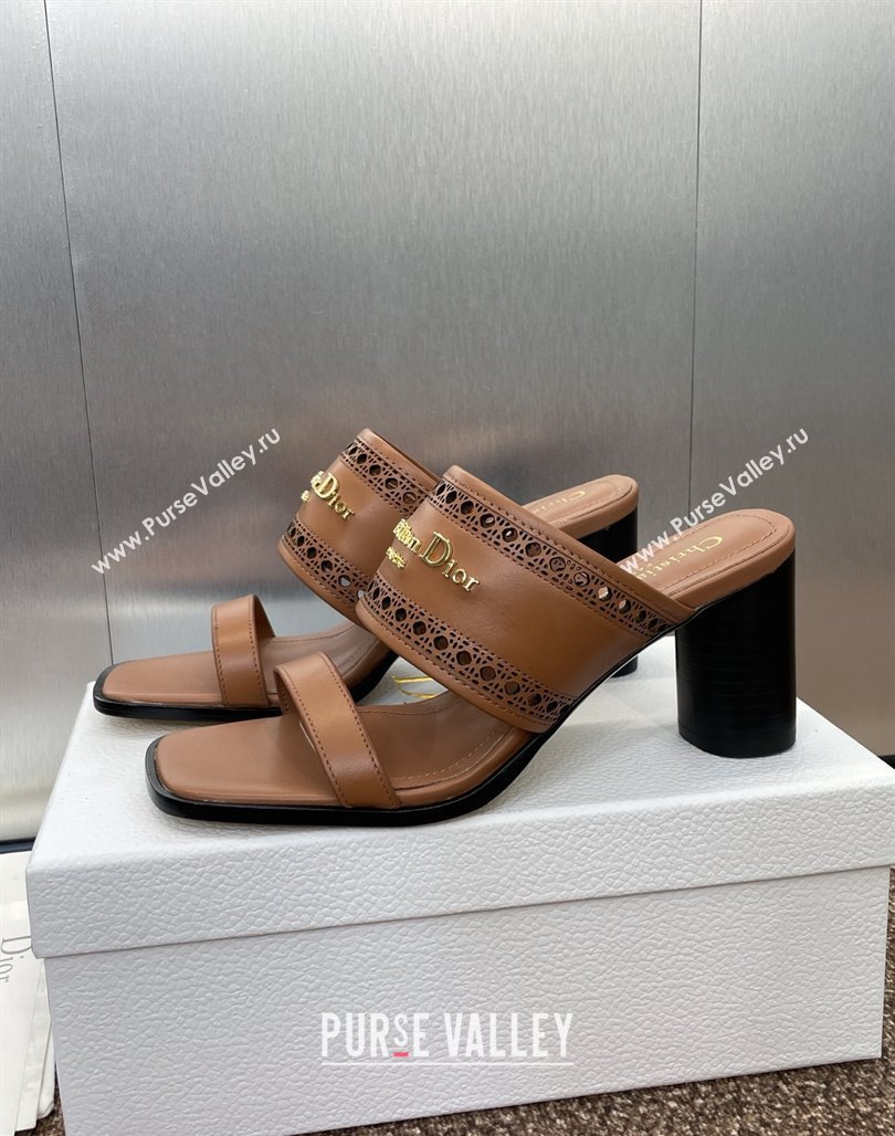 Dior D-Lane Heeled Slides Sandal 7.5cm in Calfskin with Openwork Microcannage Motif Brown 2025 (MD-250425027)