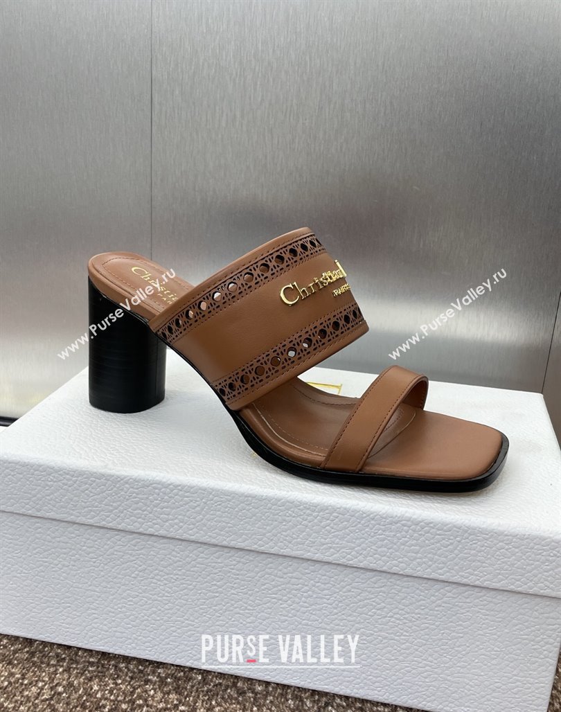 Dior D-Lane Heeled Slides Sandal 7.5cm in Calfskin with Openwork Microcannage Motif Brown 2025 (MD-250425027)