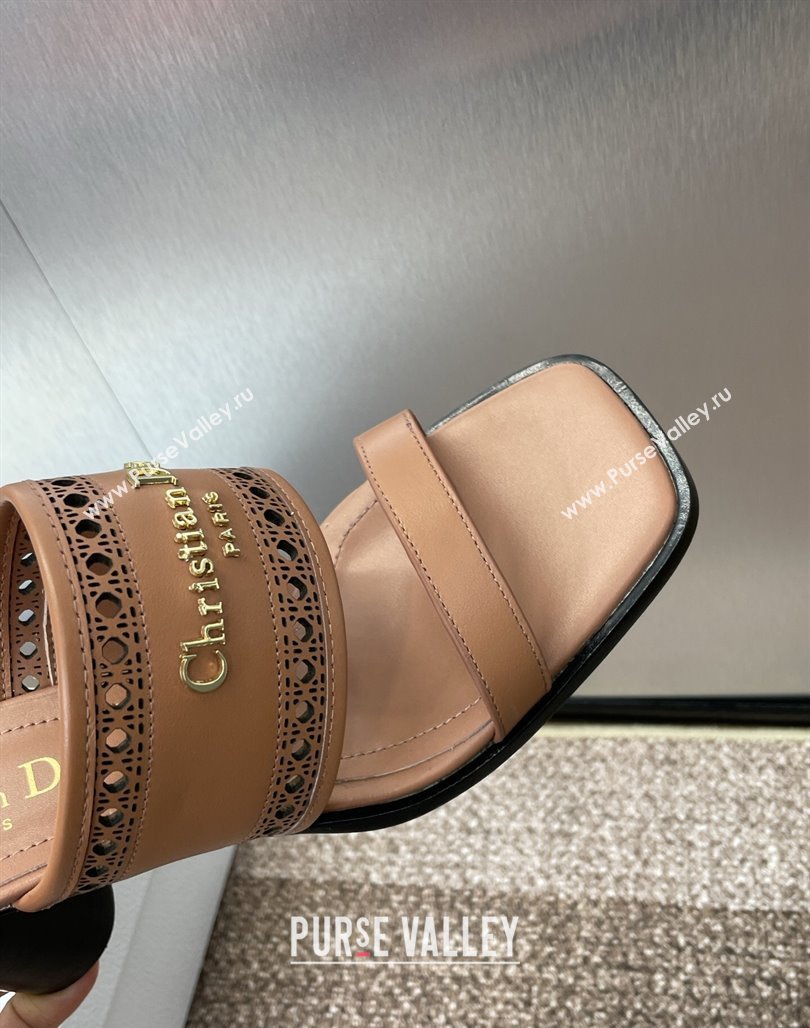 Dior D-Lane Heeled Slides Sandal 7.5cm in Calfskin with Openwork Microcannage Motif Brown 2025 (MD-250425027)