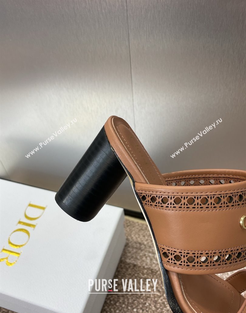 Dior D-Lane Heeled Slides Sandal 7.5cm in Calfskin with Openwork Microcannage Motif Brown 2025 (MD-250425027)
