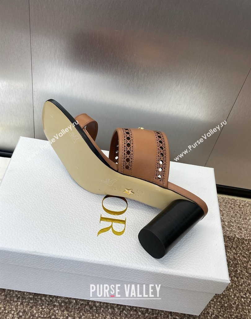 Dior D-Lane Heeled Slides Sandal 7.5cm in Calfskin with Openwork Microcannage Motif Brown 2025 (MD-250425027)