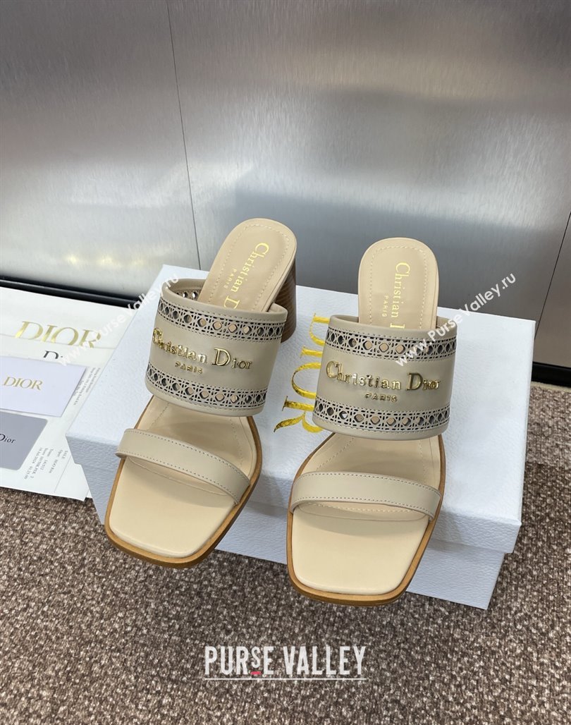 Dior D-Lane Heeled Slides Sandal 7.5cm in Calfskin with Openwork Microcannage Motif Beige 2025 (MD-250425028)