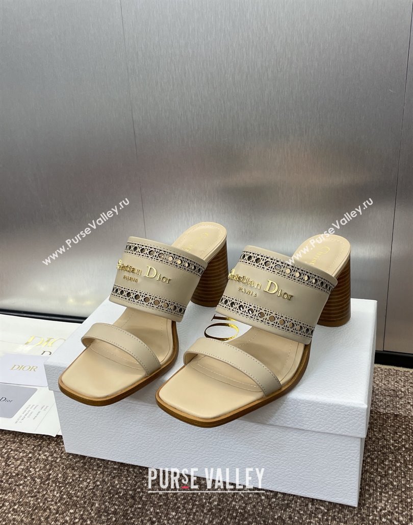 Dior D-Lane Heeled Slides Sandal 7.5cm in Calfskin with Openwork Microcannage Motif Beige 2025 (MD-250425028)