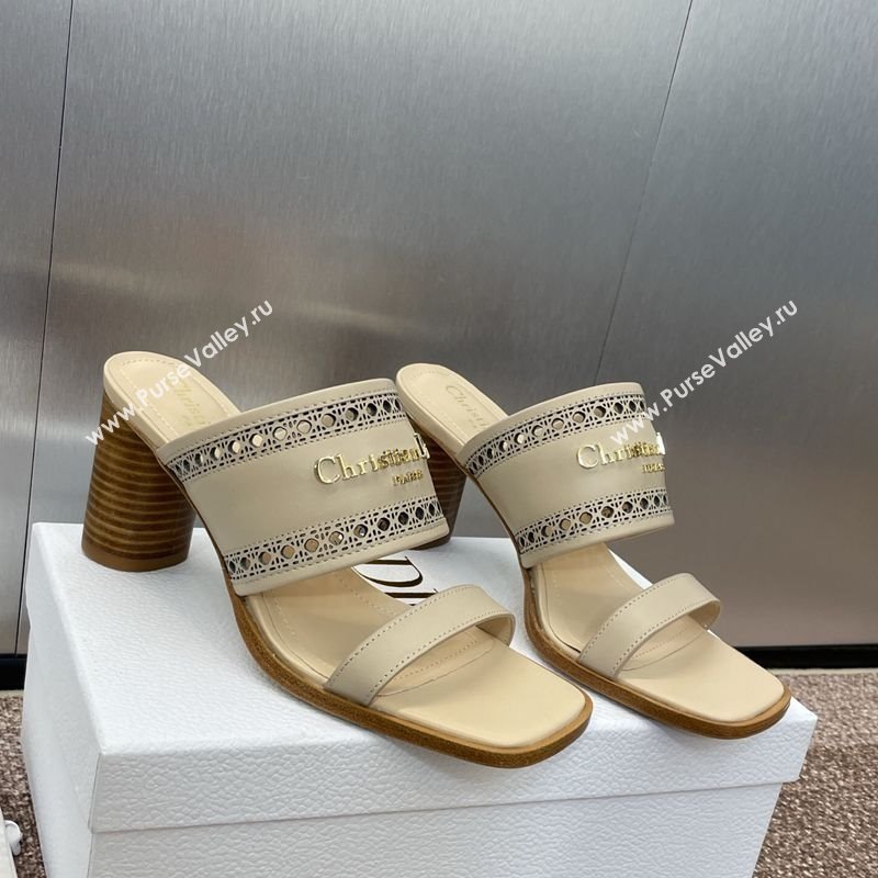 Dior D-Lane Heeled Slides Sandal 7.5cm in Calfskin with Openwork Microcannage Motif Beige 2025 (MD-250425028)