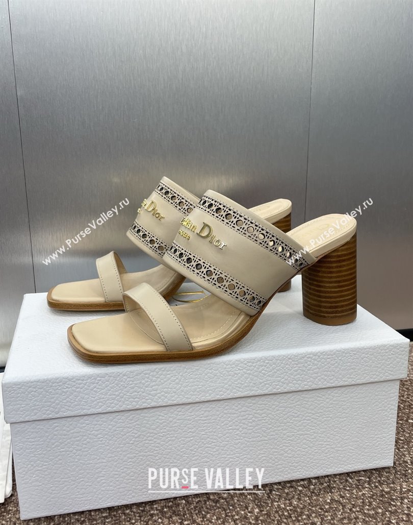 Dior D-Lane Heeled Slides Sandal 7.5cm in Calfskin with Openwork Microcannage Motif Beige 2025 (MD-250425028)