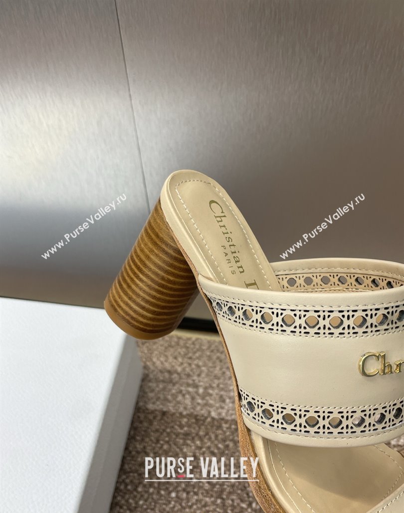 Dior D-Lane Heeled Slides Sandal 7.5cm in Calfskin with Openwork Microcannage Motif Beige 2025 (MD-250425028)