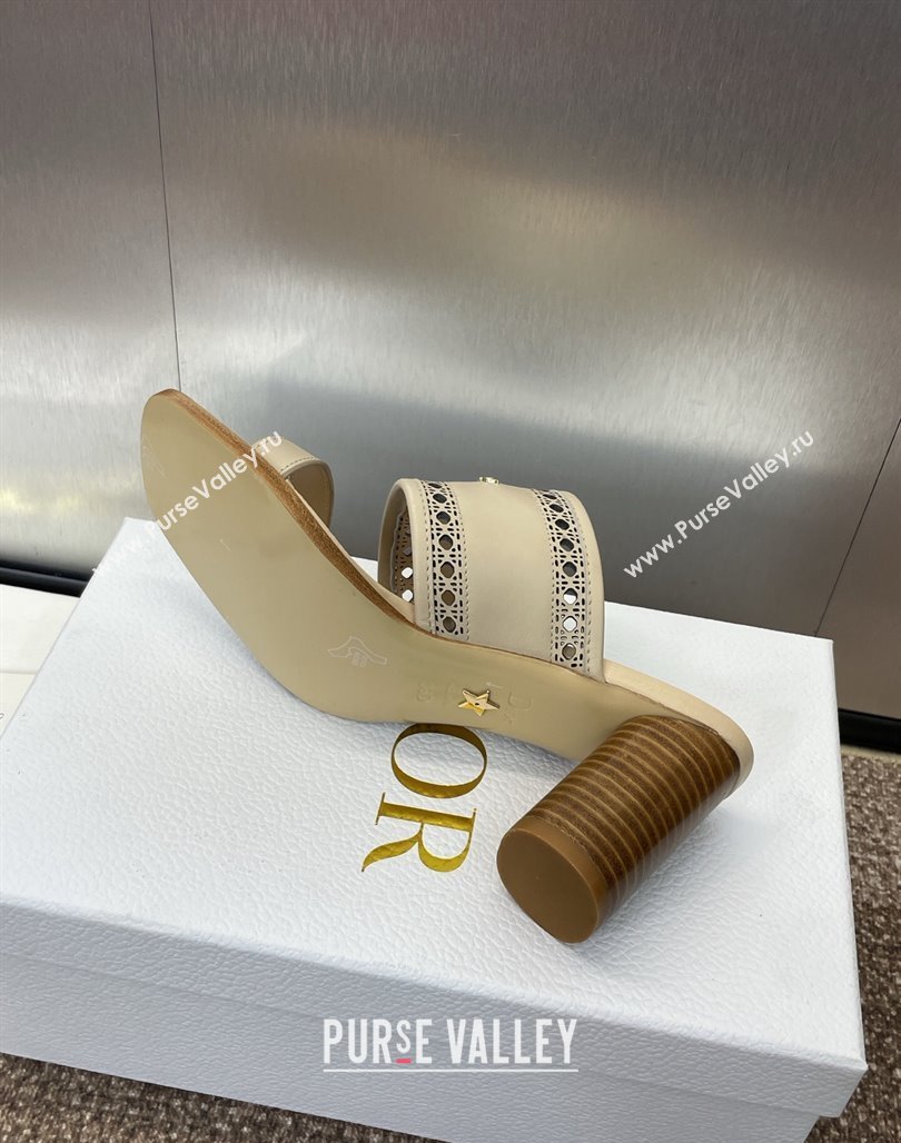 Dior D-Lane Heeled Slides Sandal 7.5cm in Calfskin with Openwork Microcannage Motif Beige 2025 (MD-250425028)