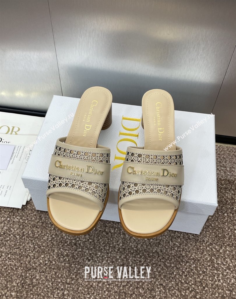 Dior D-Lane Heeled Slides Sandal 5.5cm in Calfskin with Openwork Microcannage Motif Beige 2025 (MD-250425029)