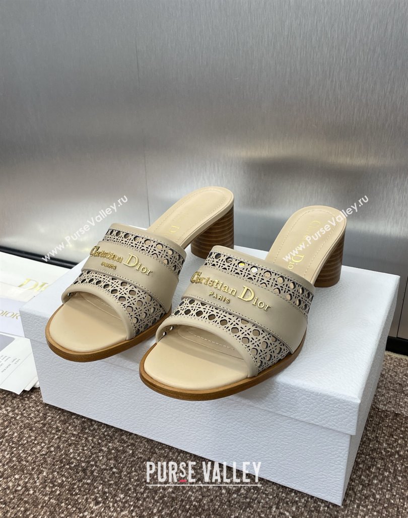 Dior D-Lane Heeled Slides Sandal 5.5cm in Calfskin with Openwork Microcannage Motif Beige 2025 (MD-250425029)