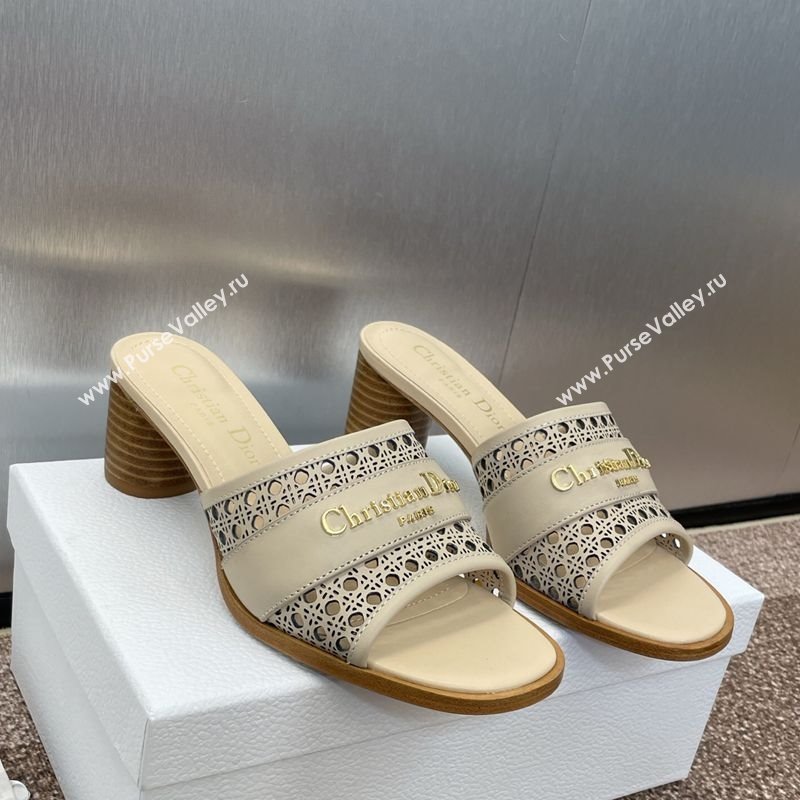 Dior D-Lane Heeled Slides Sandal 5.5cm in Calfskin with Openwork Microcannage Motif Beige 2025 (MD-250425029)