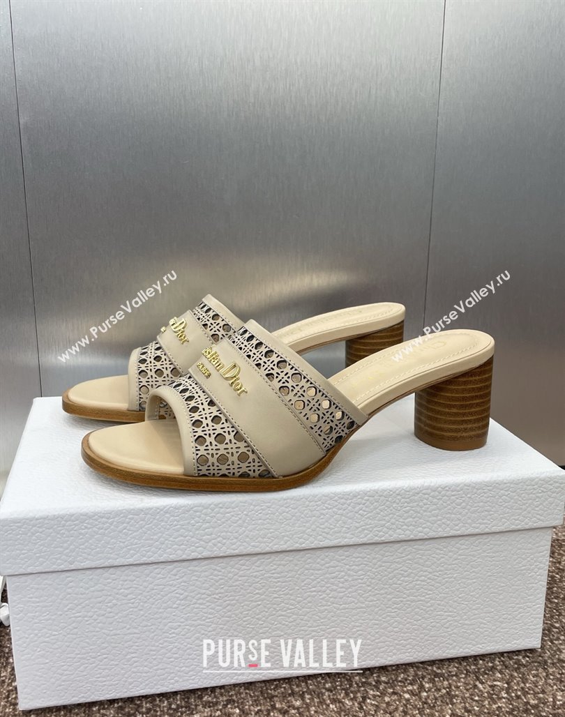 Dior D-Lane Heeled Slides Sandal 5.5cm in Calfskin with Openwork Microcannage Motif Beige 2025 (MD-250425029)