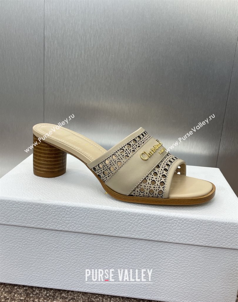 Dior D-Lane Heeled Slides Sandal 5.5cm in Calfskin with Openwork Microcannage Motif Beige 2025 (MD-250425029)