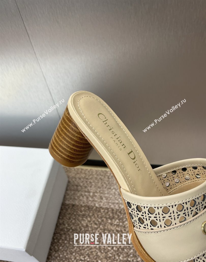Dior D-Lane Heeled Slides Sandal 5.5cm in Calfskin with Openwork Microcannage Motif Beige 2025 (MD-250425029)
