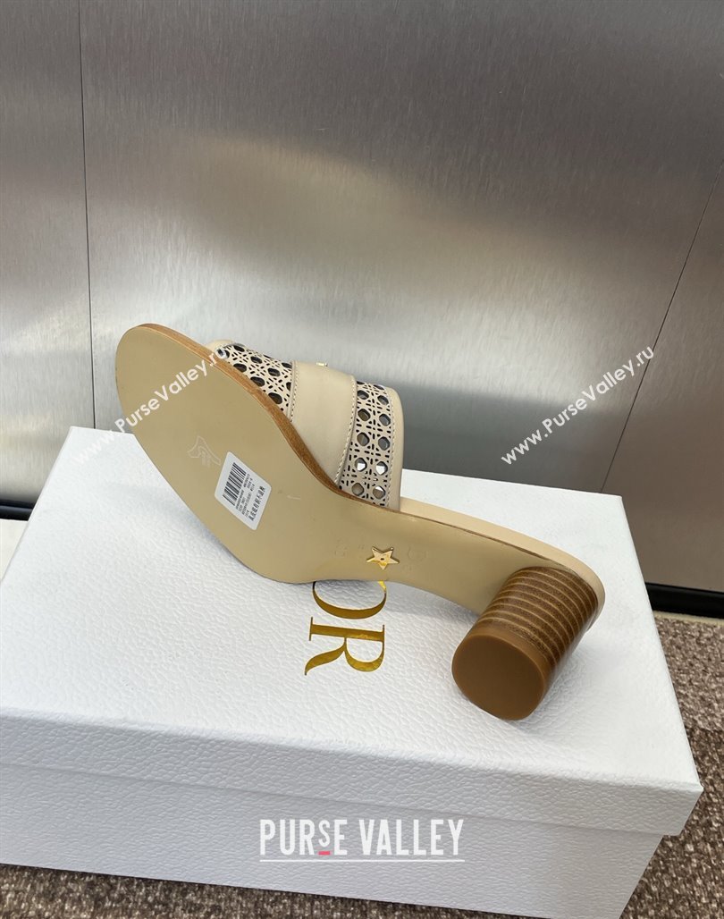 Dior D-Lane Heeled Slides Sandal 5.5cm in Calfskin with Openwork Microcannage Motif Beige 2025 (MD-250425029)