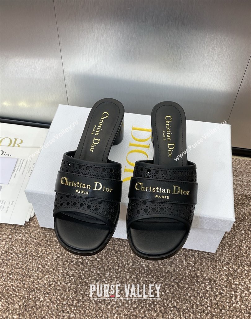 Dior D-Lane Heeled Slides Sandal 5.5cm in Calfskin with Openwork Microcannage Motif Black 2025 (MD-250425030)