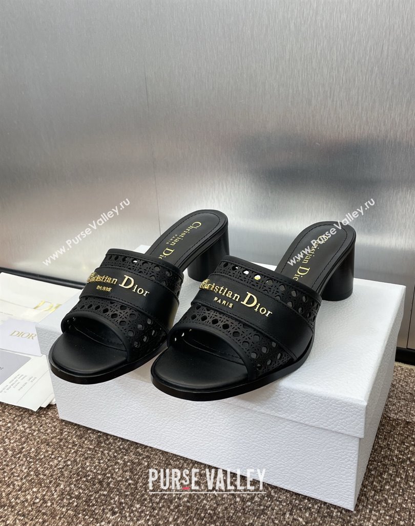 Dior D-Lane Heeled Slides Sandal 5.5cm in Calfskin with Openwork Microcannage Motif Black 2025 (MD-250425030)