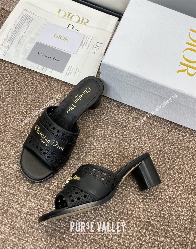 Dior D-Lane Heeled Slides Sandal 5.5cm in Calfskin with Openwork Microcannage Motif Black 2025 (MD-250425030)