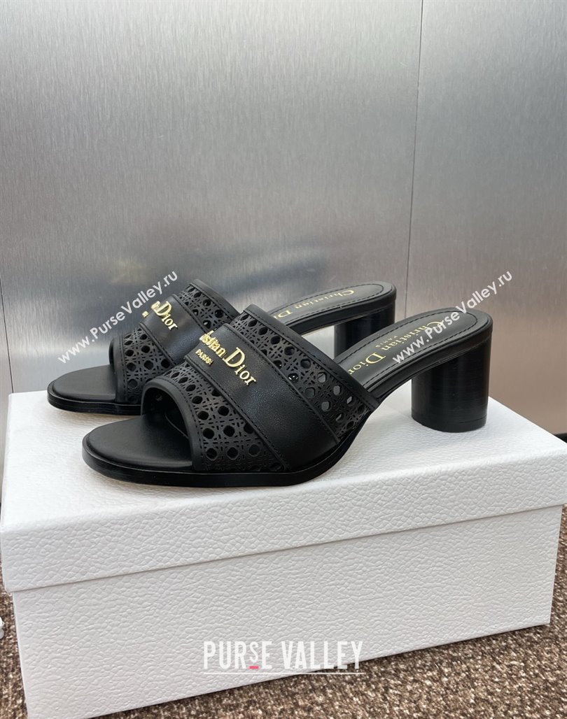 Dior D-Lane Heeled Slides Sandal 5.5cm in Calfskin with Openwork Microcannage Motif Black 2025 (MD-250425030)