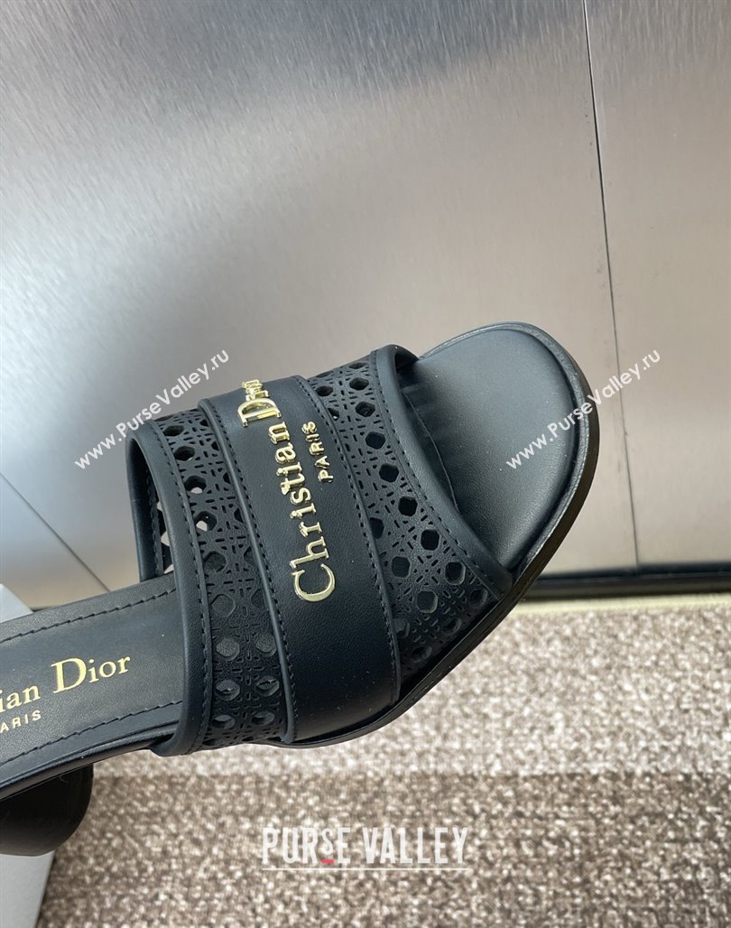 Dior D-Lane Heeled Slides Sandal 5.5cm in Calfskin with Openwork Microcannage Motif Black 2025 (MD-250425030)