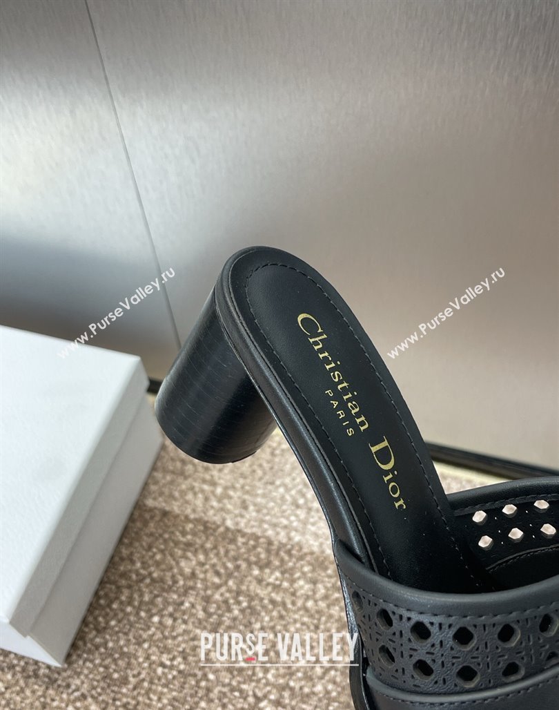 Dior D-Lane Heeled Slides Sandal 5.5cm in Calfskin with Openwork Microcannage Motif Black 2025 (MD-250425030)