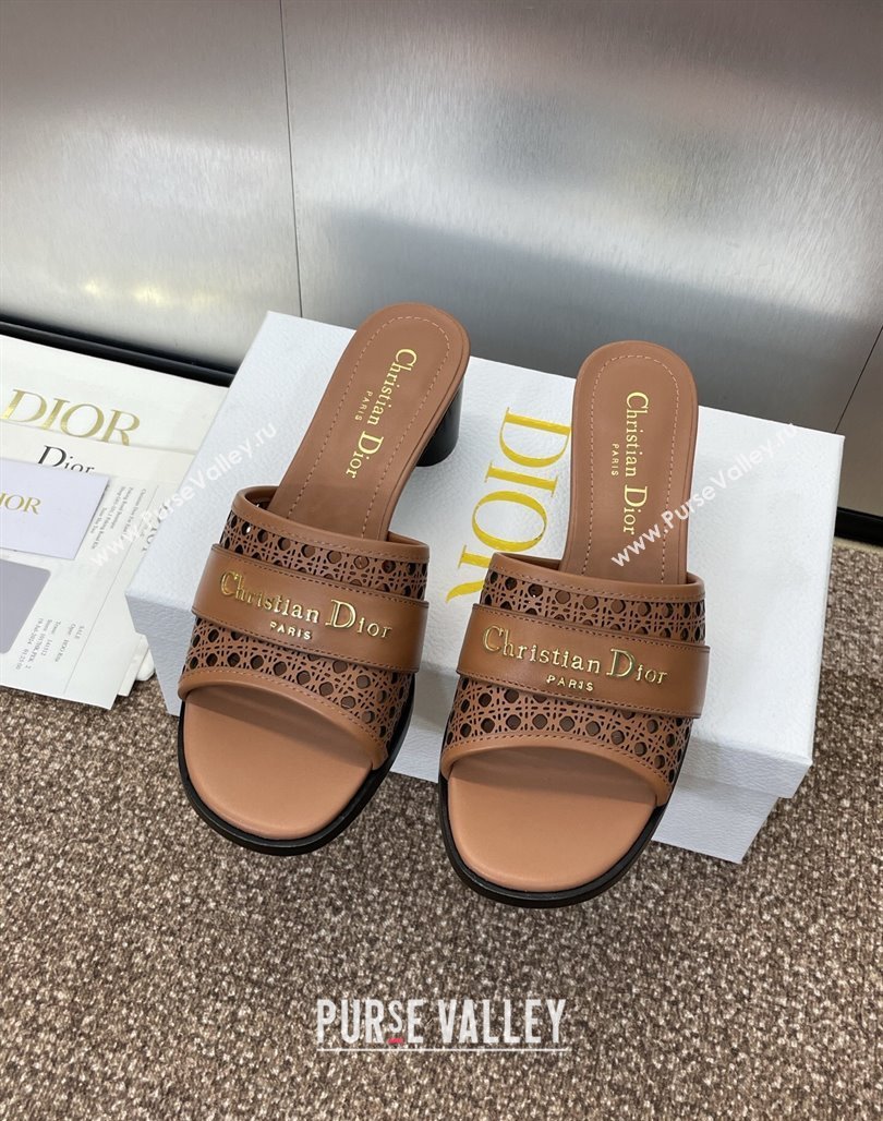 Dior D-Lane Heeled Slides Sandal 5.5cm in Calfskin with Openwork Microcannage Motif Brown 2025 (MD-250425031)