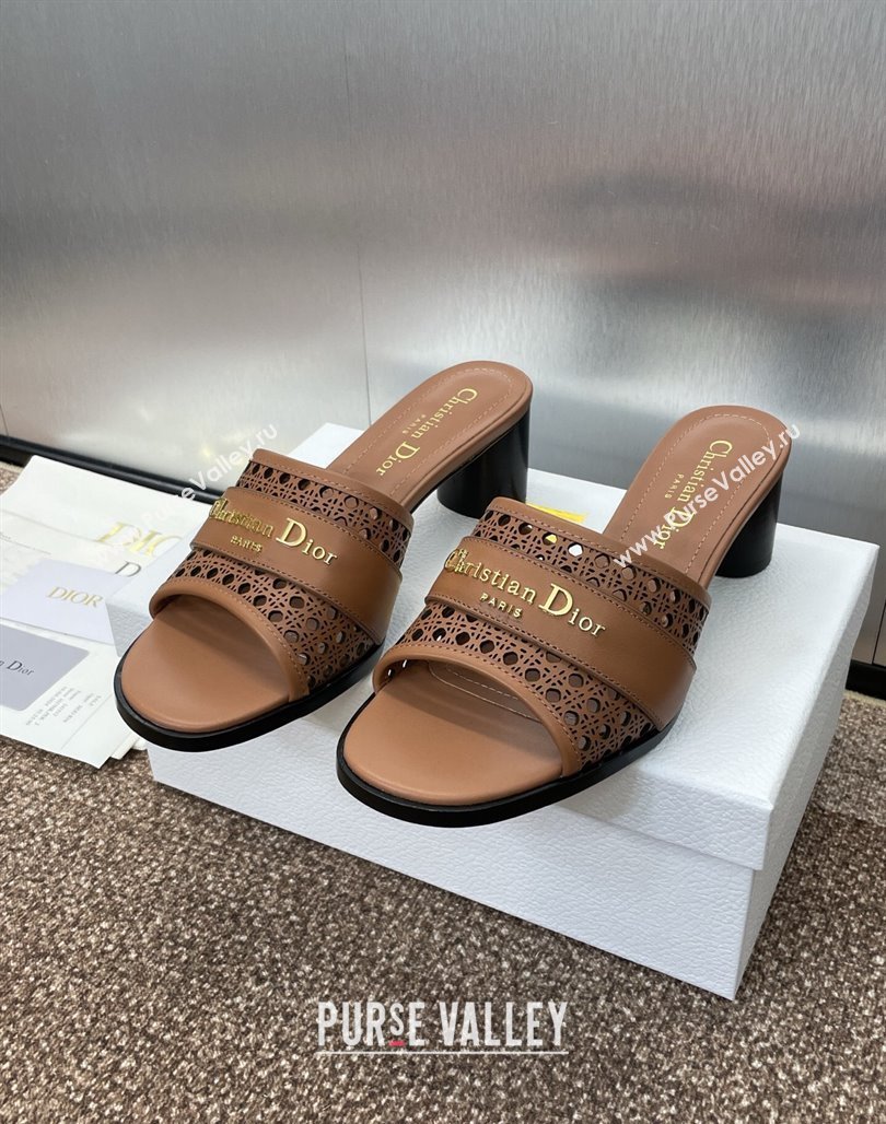 Dior D-Lane Heeled Slides Sandal 5.5cm in Calfskin with Openwork Microcannage Motif Brown 2025 (MD-250425031)