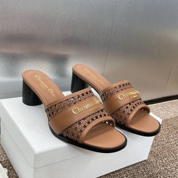 Dior D-Lane Heeled Slides Sandal 5.5cm in Calfskin with Openwork Microcannage Motif Brown 2025 (MD-250425031)