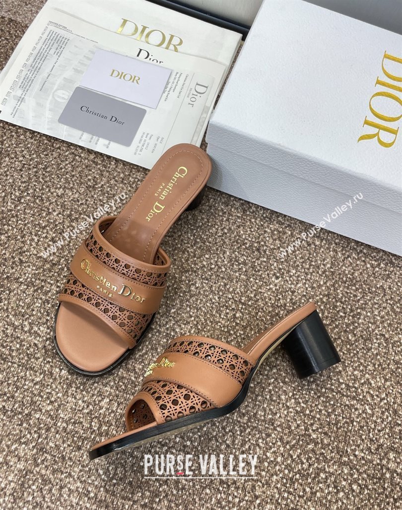 Dior D-Lane Heeled Slides Sandal 5.5cm in Calfskin with Openwork Microcannage Motif Brown 2025 (MD-250425031)