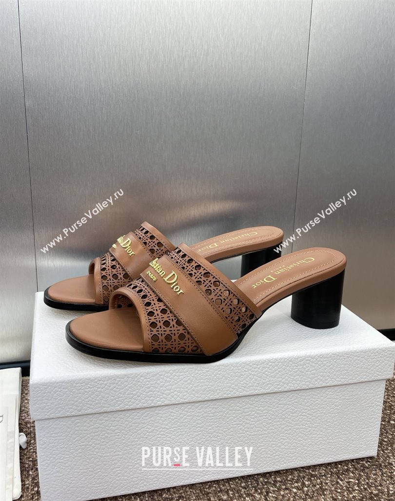 Dior D-Lane Heeled Slides Sandal 5.5cm in Calfskin with Openwork Microcannage Motif Brown 2025 (MD-250425031)