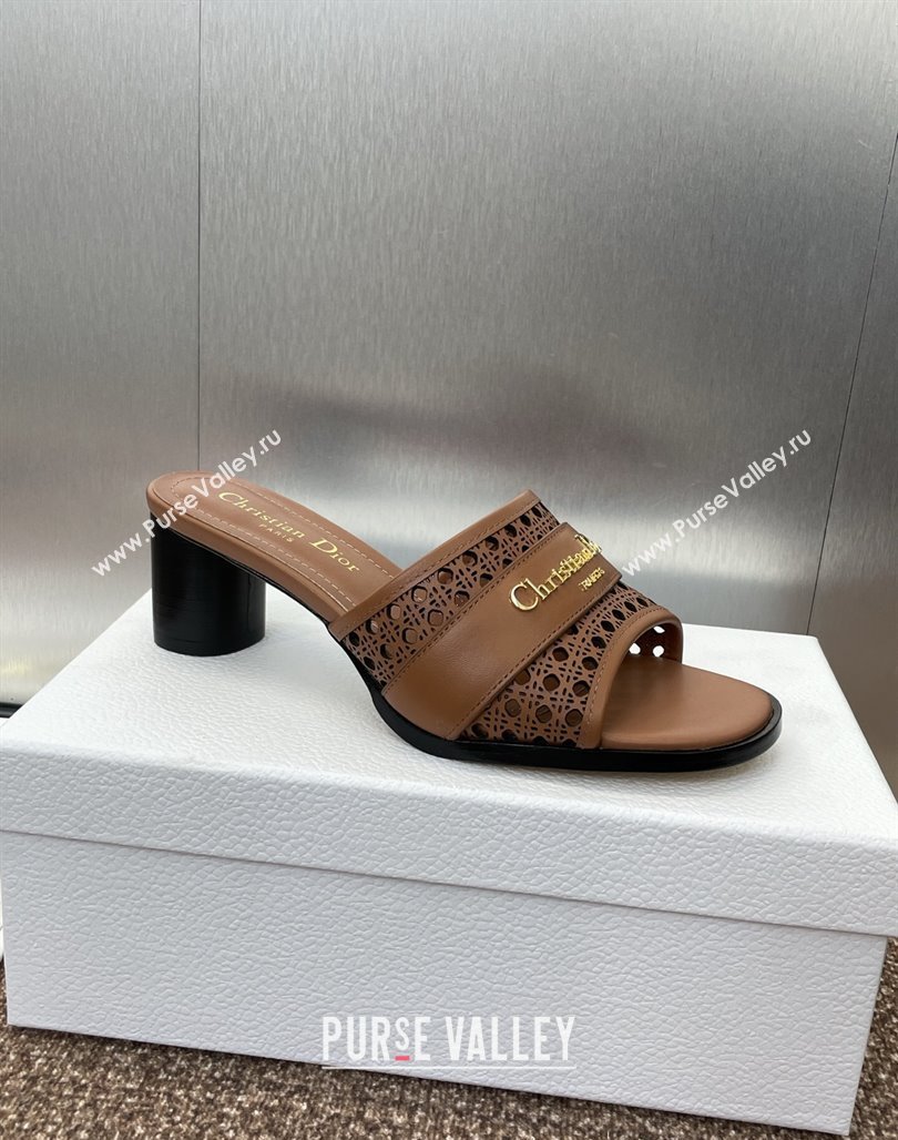 Dior D-Lane Heeled Slides Sandal 5.5cm in Calfskin with Openwork Microcannage Motif Brown 2025 (MD-250425031)