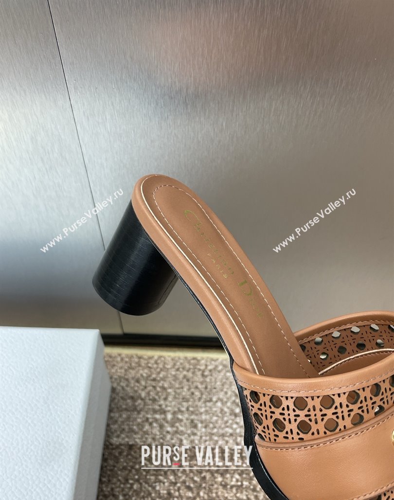Dior D-Lane Heeled Slides Sandal 5.5cm in Calfskin with Openwork Microcannage Motif Brown 2025 (MD-250425031)